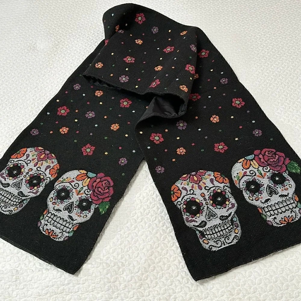 Sugar Skull Table Runner Black Flowers Dia de Los Muertos 70” X 13” Canvas